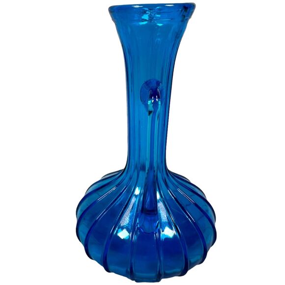 Vintage Rossini Empoli Glass Kingfisher Blue Pitcher Flower Vase Handle 60s MCM - Picture 2 of 9
